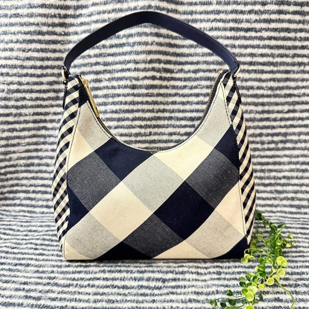 Talbots Cream Blue Gingham Linen‎ & Leather Trim Hobo Zip Shoulder Bag Sz Medium
